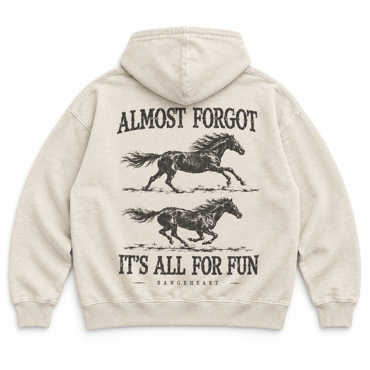 RANGEHEART All for Fun bone hoodie — two-horse back graphic on a white background