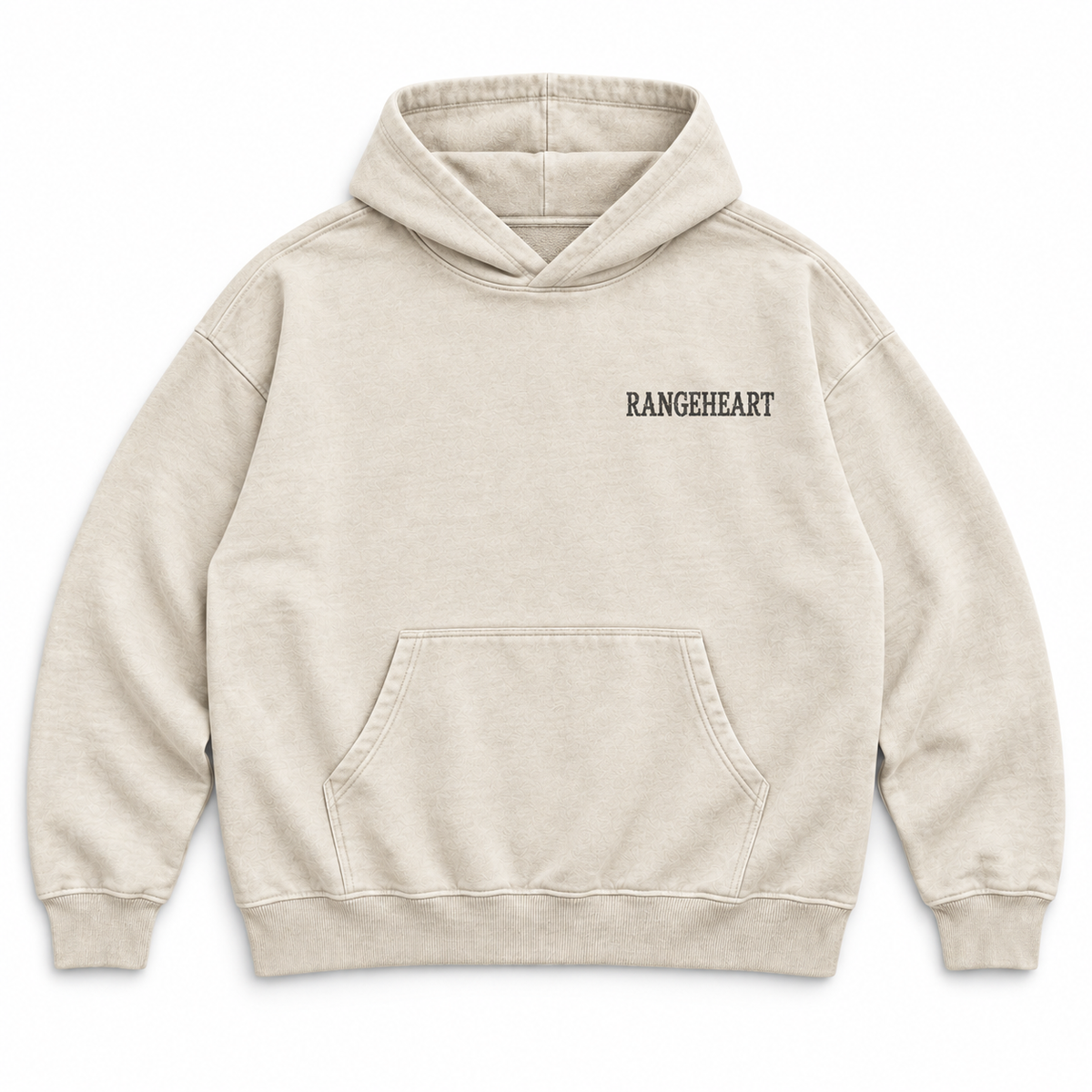 RANGEHEART All for Fun bone hoodie — front with small charcoal chest logo and pouch pocket