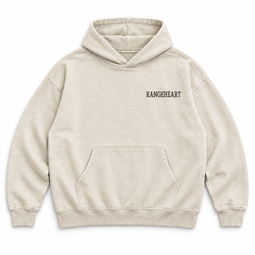 RANGEHEART All for Fun bone hoodie — front with small charcoal chest logo and pouch pocket