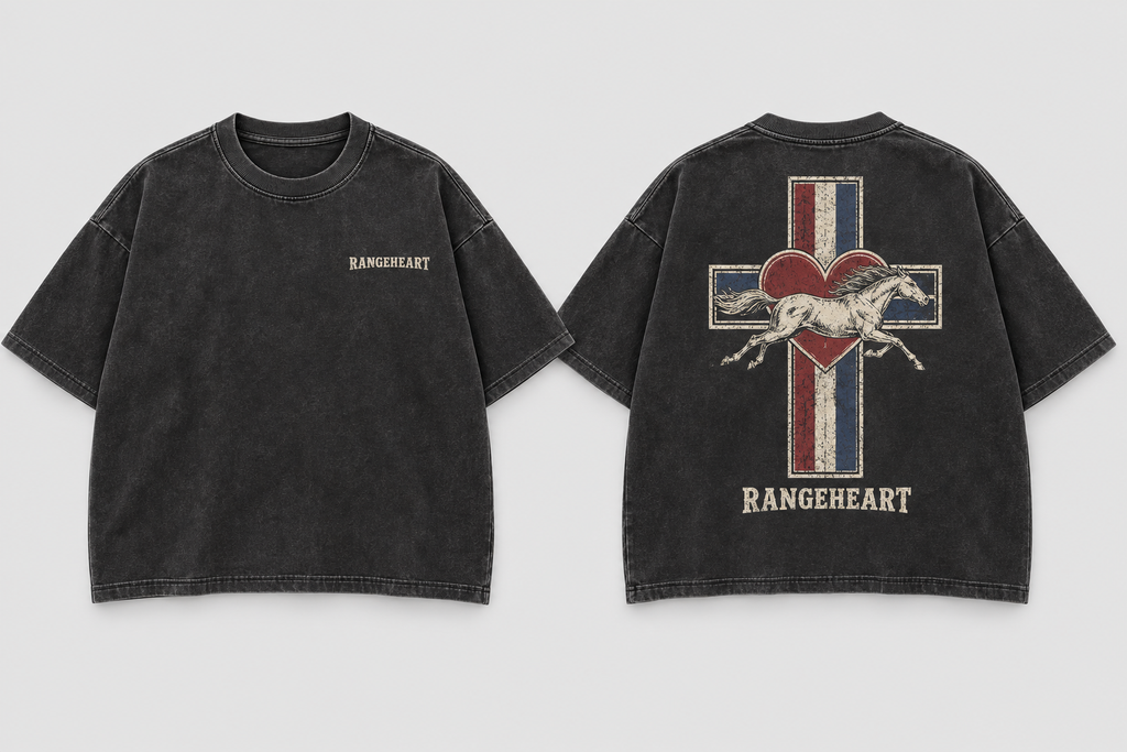 Front and back views of the washed-black Cross Heart Boxy Tee