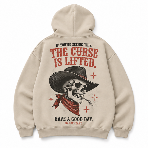 RANGEHEART Curse Lifted Boxy Hoodie in bone — back artwork on white