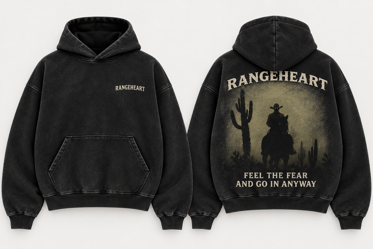Front and back views of the washed-black Feel the Fear Boxy Hoodie