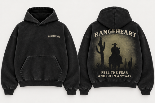 Front and back views of the washed-black Feel the Fear Boxy Hoodie