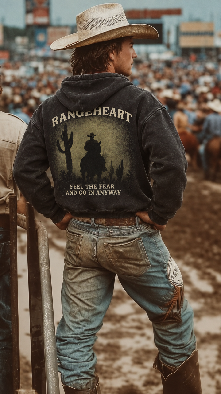 Feel the Fear hoodie back artwork at a rodeo