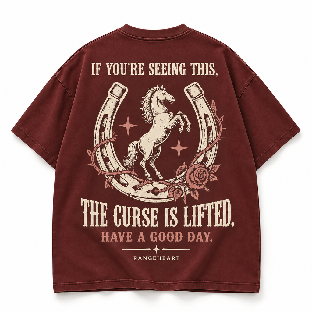 RANGEHEART Good Omen Boxy Tee in oxblood — back artwork on white