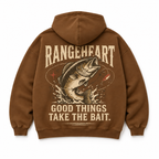 RANGEHEART Good Things Take the Bait Boxy Hoodie in tobacco — back artwork on white