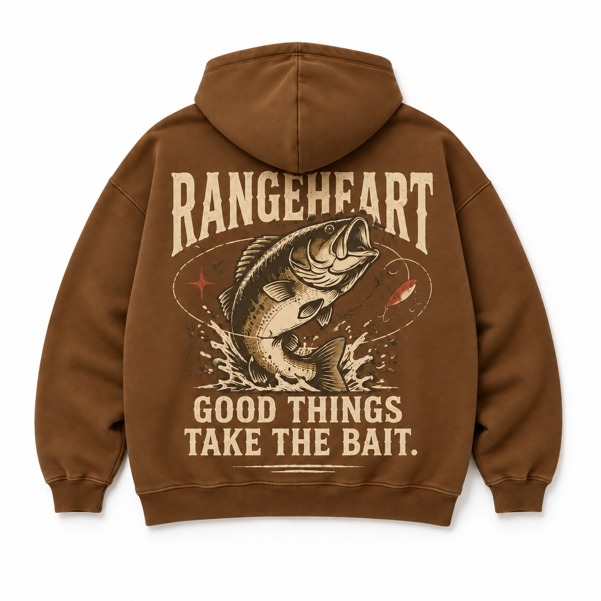 RANGEHEART Good Things Take the Bait Boxy Hoodie in tobacco — back artwork on white