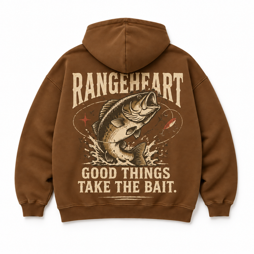 RANGEHEART Good Things Take the Bait Boxy Hoodie in tobacco — back artwork on white