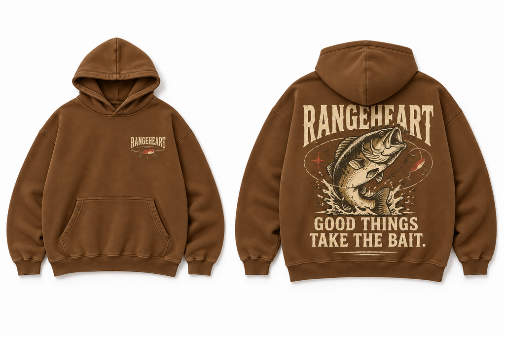 RANGEHEART Good Things Take the Bait Boxy Hoodie — approved front and back design