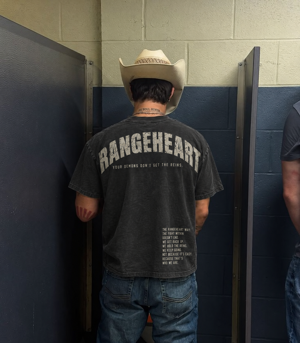 Full back view of the Hold the Reins tee and lower-back credo