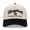 RANGEHEART Cream / Black cap — front view, black arched wordmark and centered horse-star embroidery