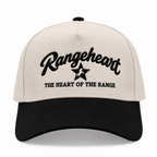 RANGEHEART Cream / Black cap — front view, black arched wordmark and centered horse-star embroidery