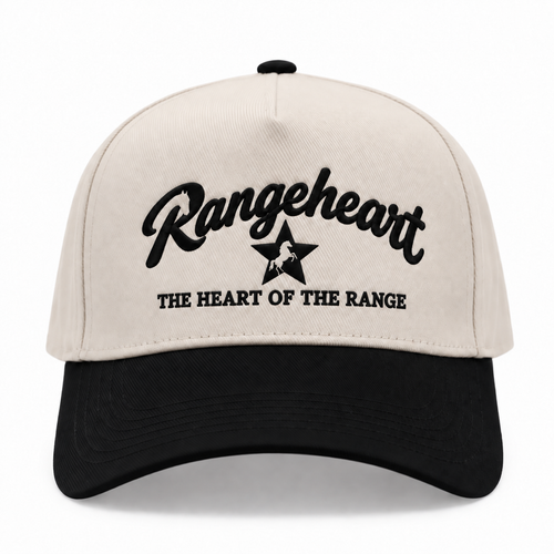 RANGEHEART Cream / Black cap — front view, black arched wordmark and centered horse-star embroidery