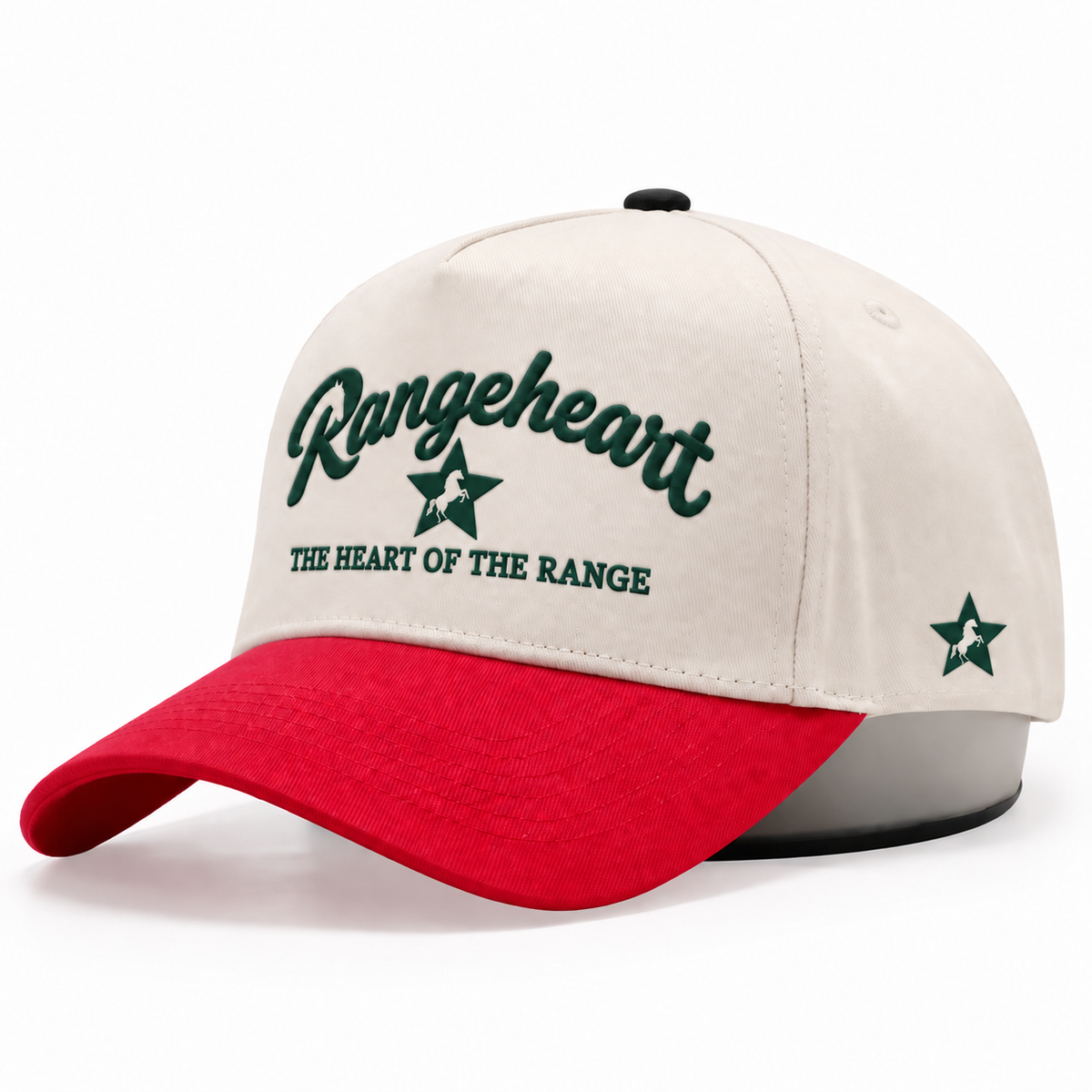 RANGEHEART Cream / red cap — three-quarter view