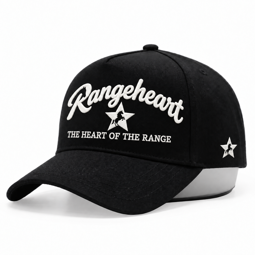 RANGEHEART All black cap — three-quarter view