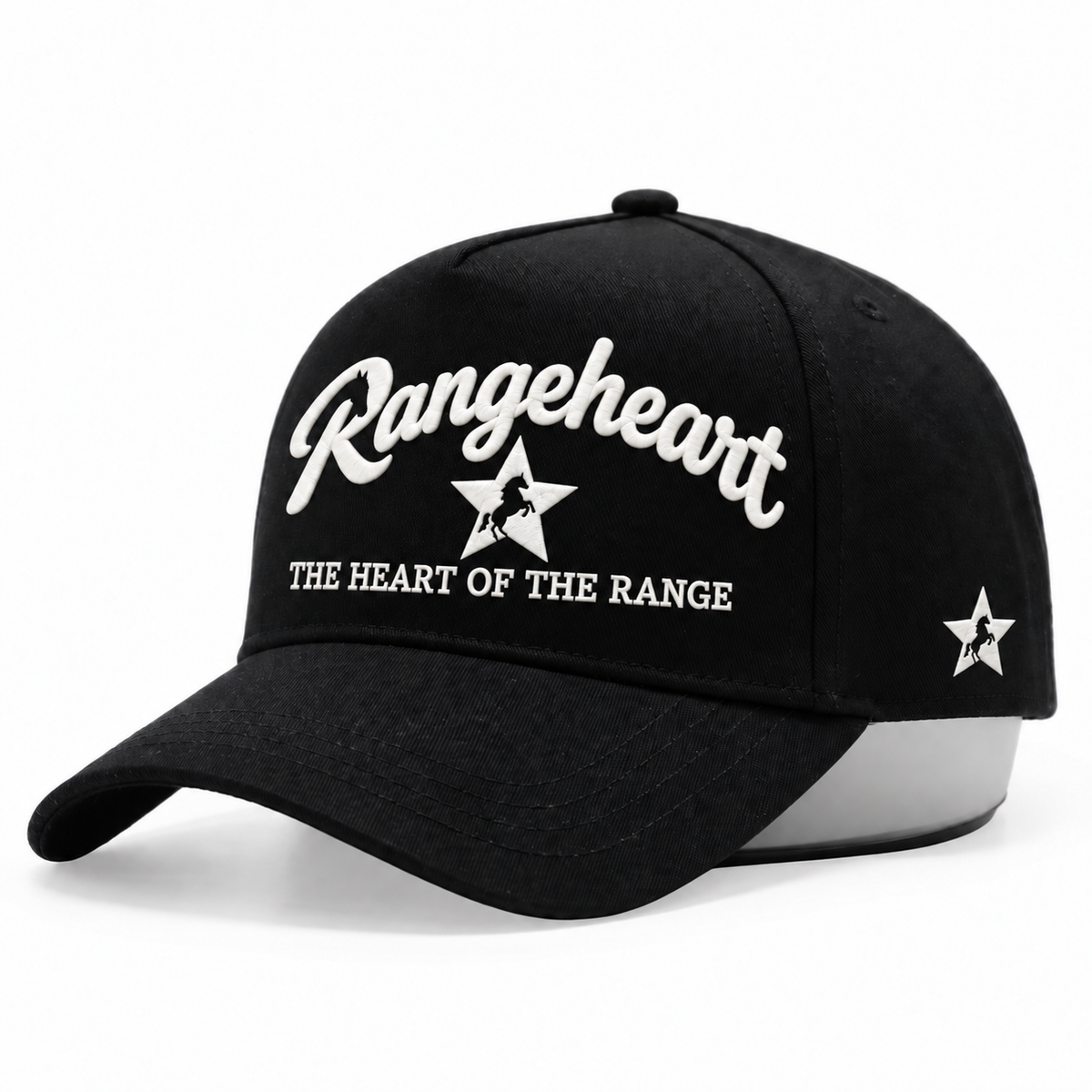 RANGEHEART All black cap — three-quarter view