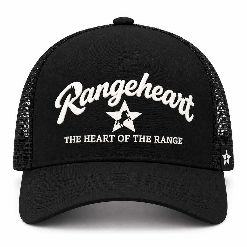 RANGEHEART Black mesh trucker cap — front view