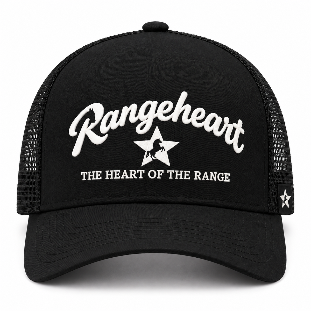 RANGEHEART Black mesh trucker cap — front view
