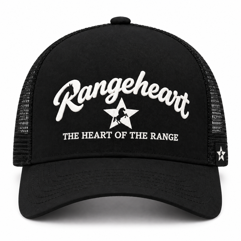 RANGEHEART Black mesh trucker cap — front view