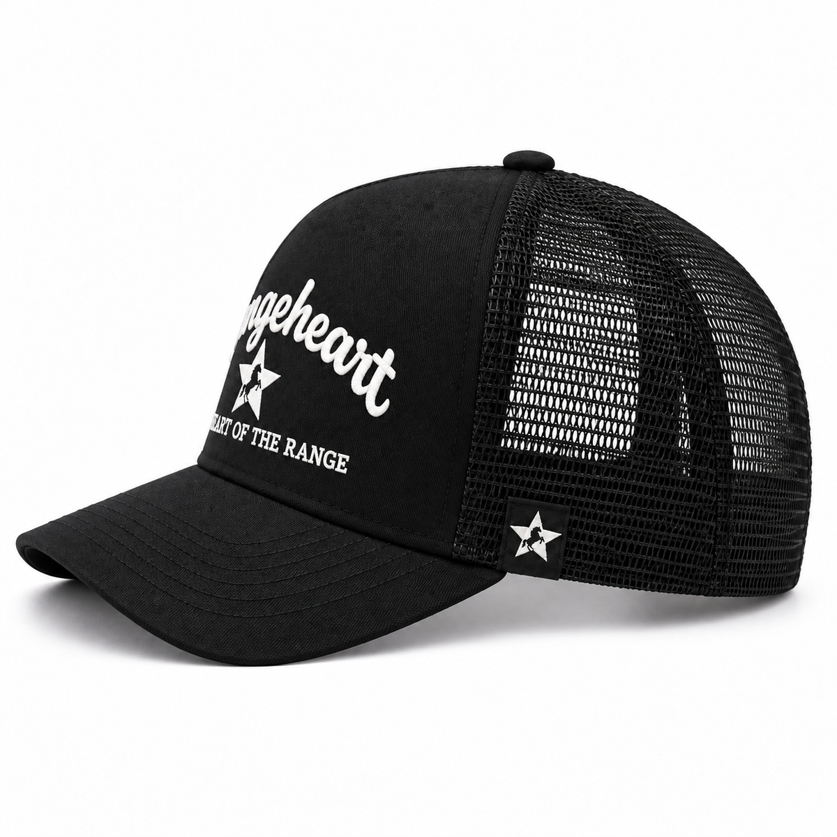 RANGEHEART Black mesh trucker cap — side view