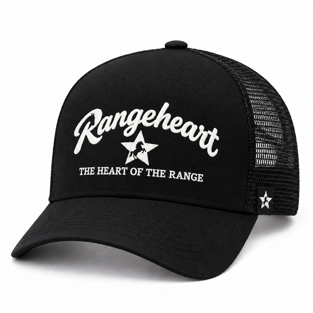 RANGEHEART Black mesh trucker cap — three-quarter view