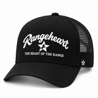 RANGEHEART Black mesh trucker cap — three-quarter view