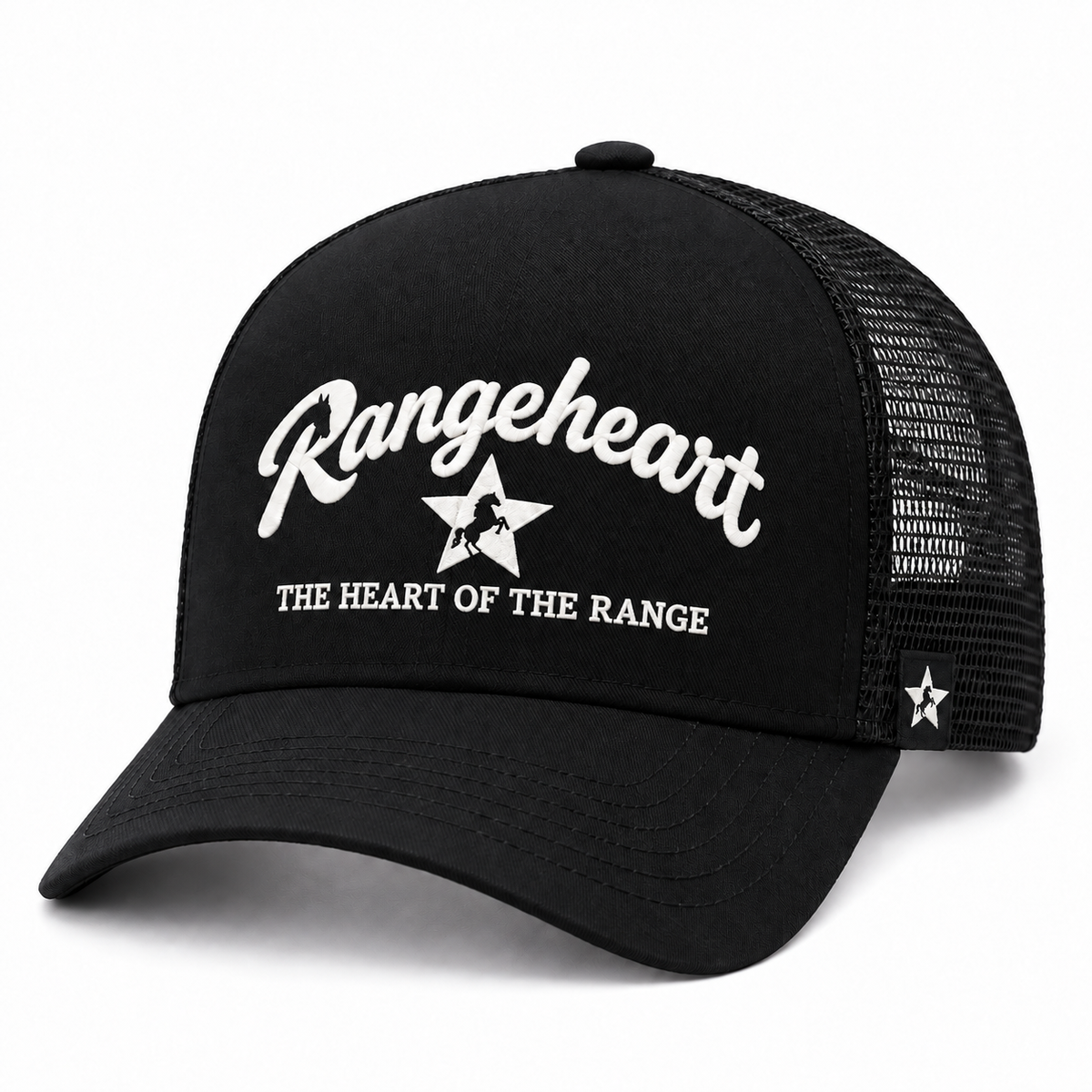 RANGEHEART Black mesh trucker cap — three-quarter view