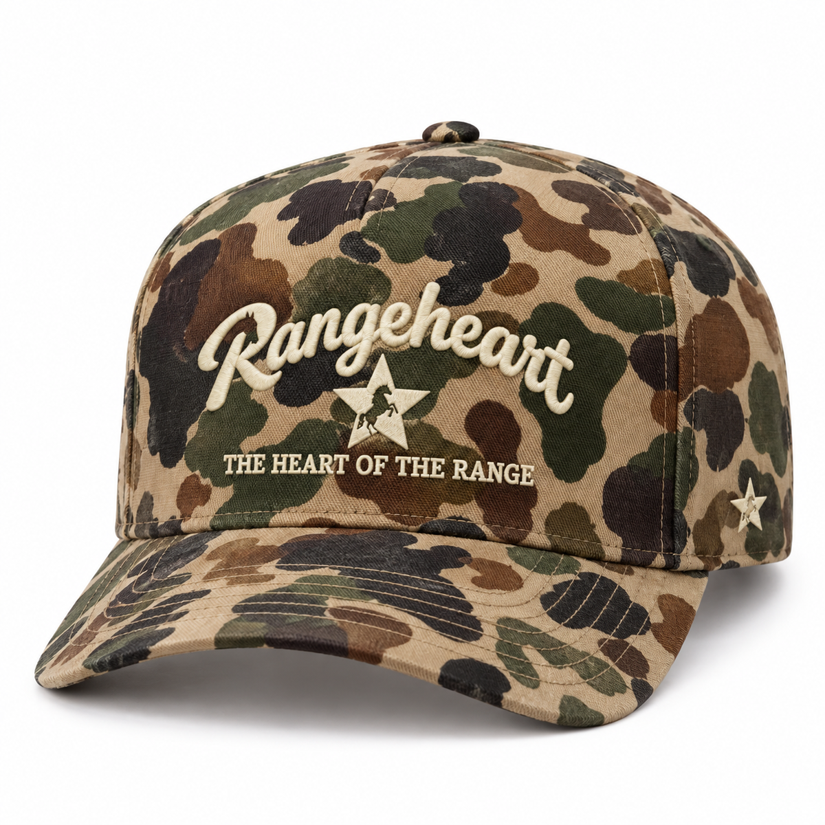 RANGEHEART Duck camo cap — three-quarter view