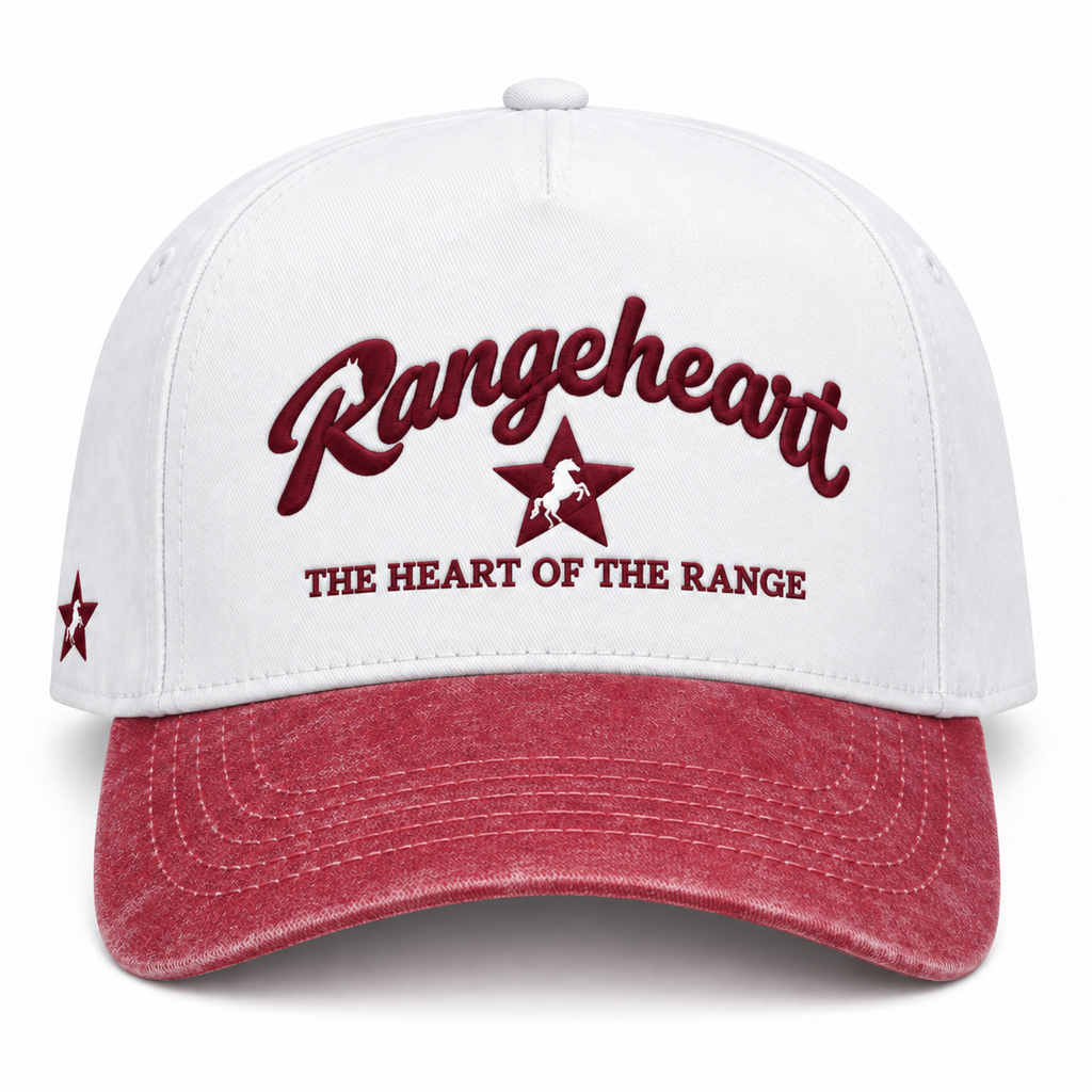 RANGEHEART White / Washed Red cap — front view