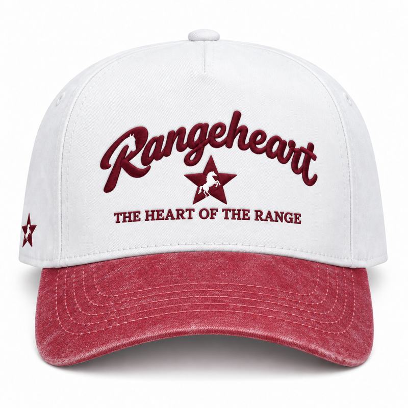 RANGEHEART White / Washed Red cap — front view