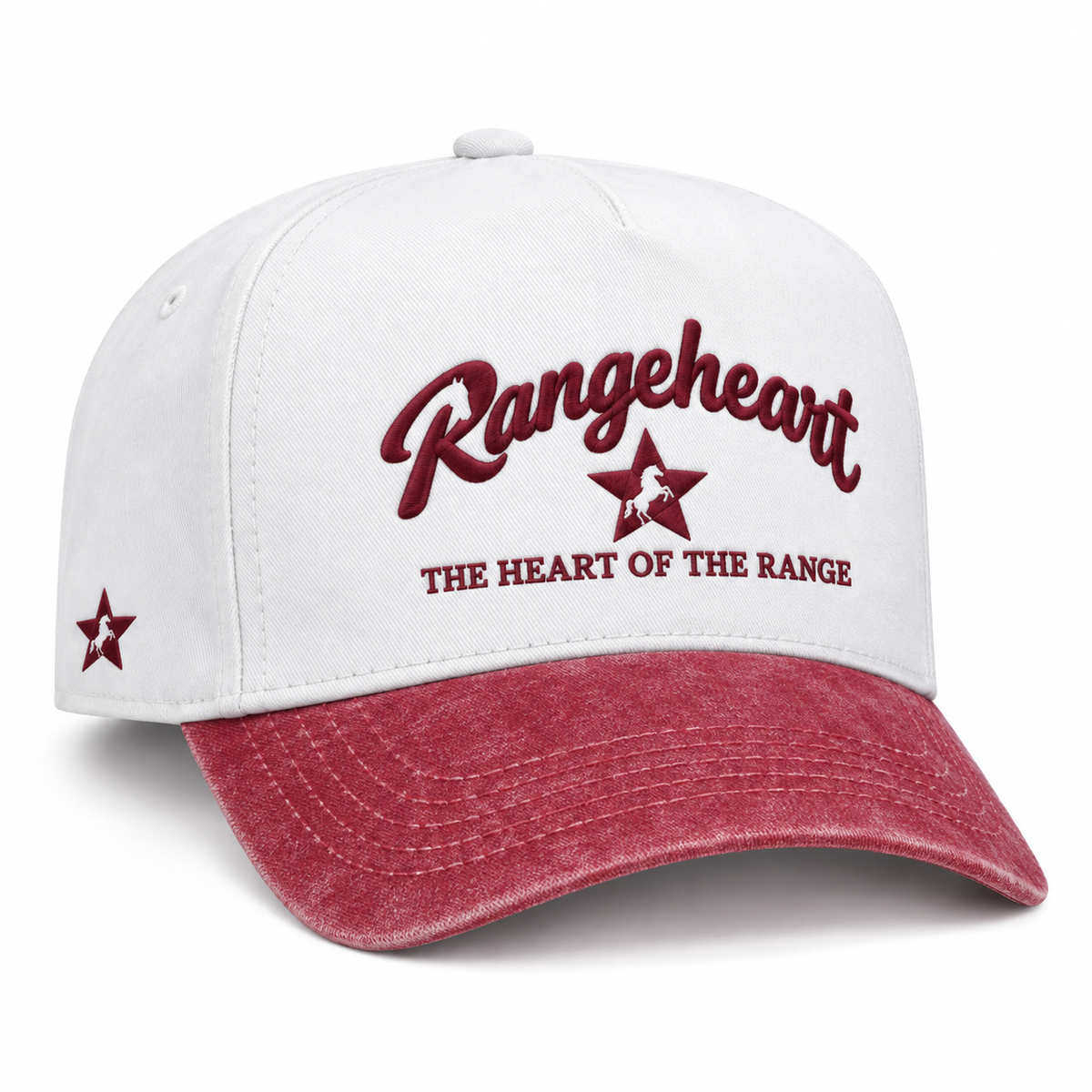 RANGEHEART White / washed red cap — three-quarter view