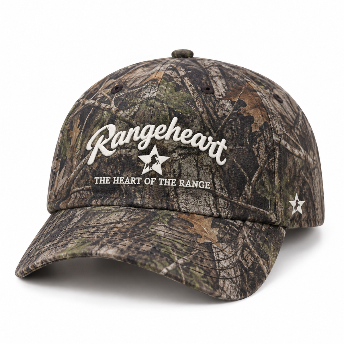 RANGEHEART Woodland runner cap — three-quarter view