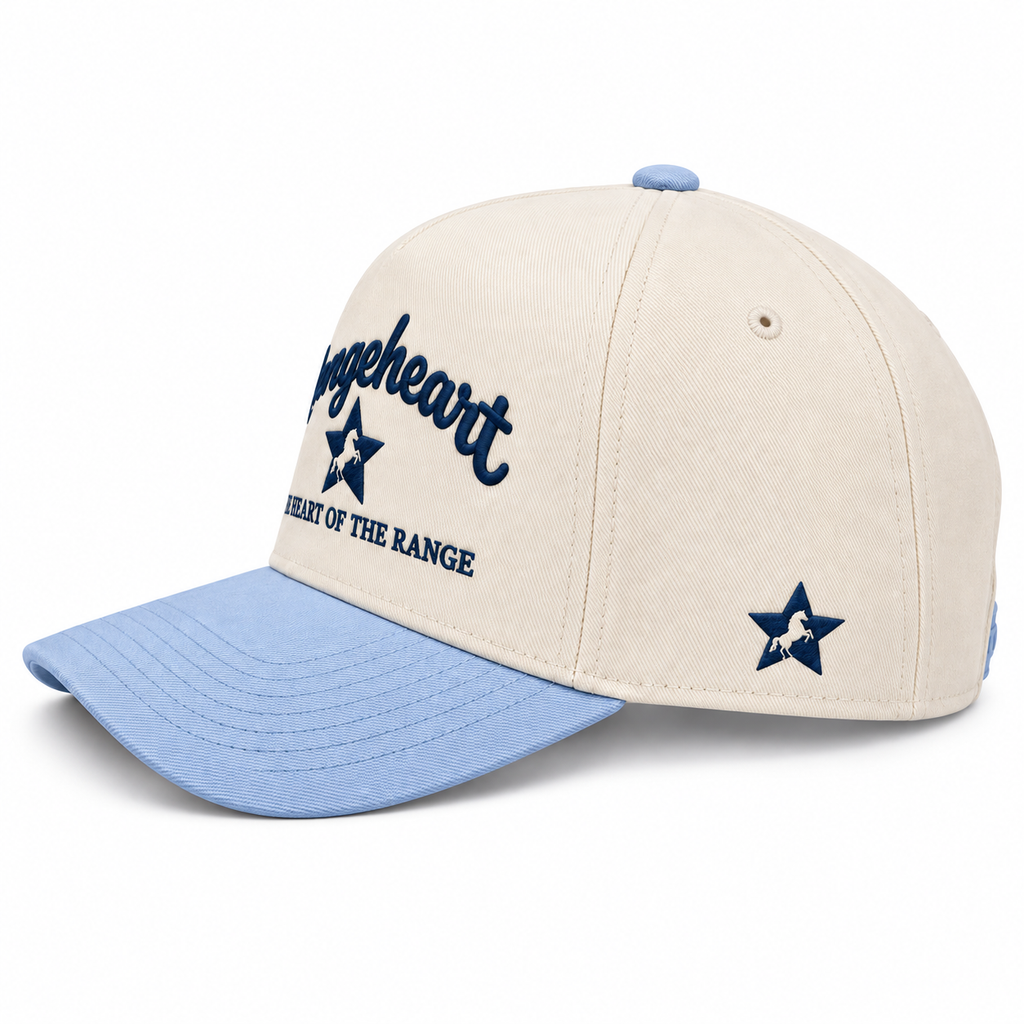 RANGEHEART Cream / sky blue cap — side view