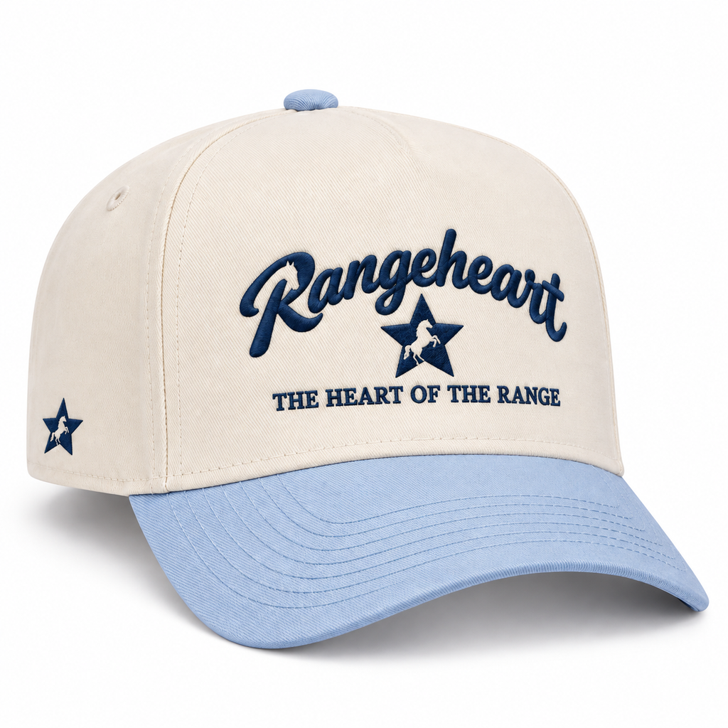 RANGEHEART Cream / sky blue cap — three-quarter view