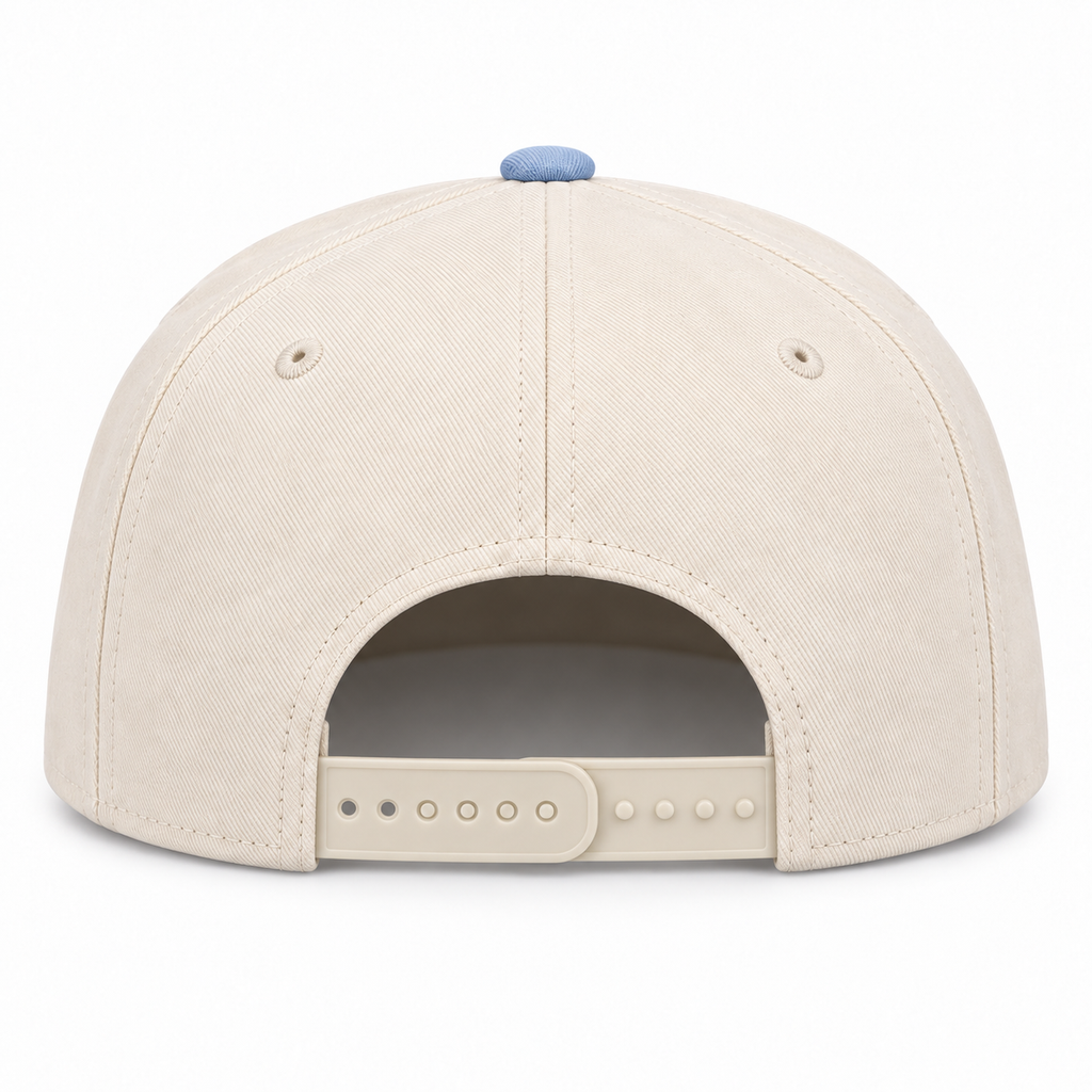 RANGEHEART Cream / Sky Blue cap — rear view