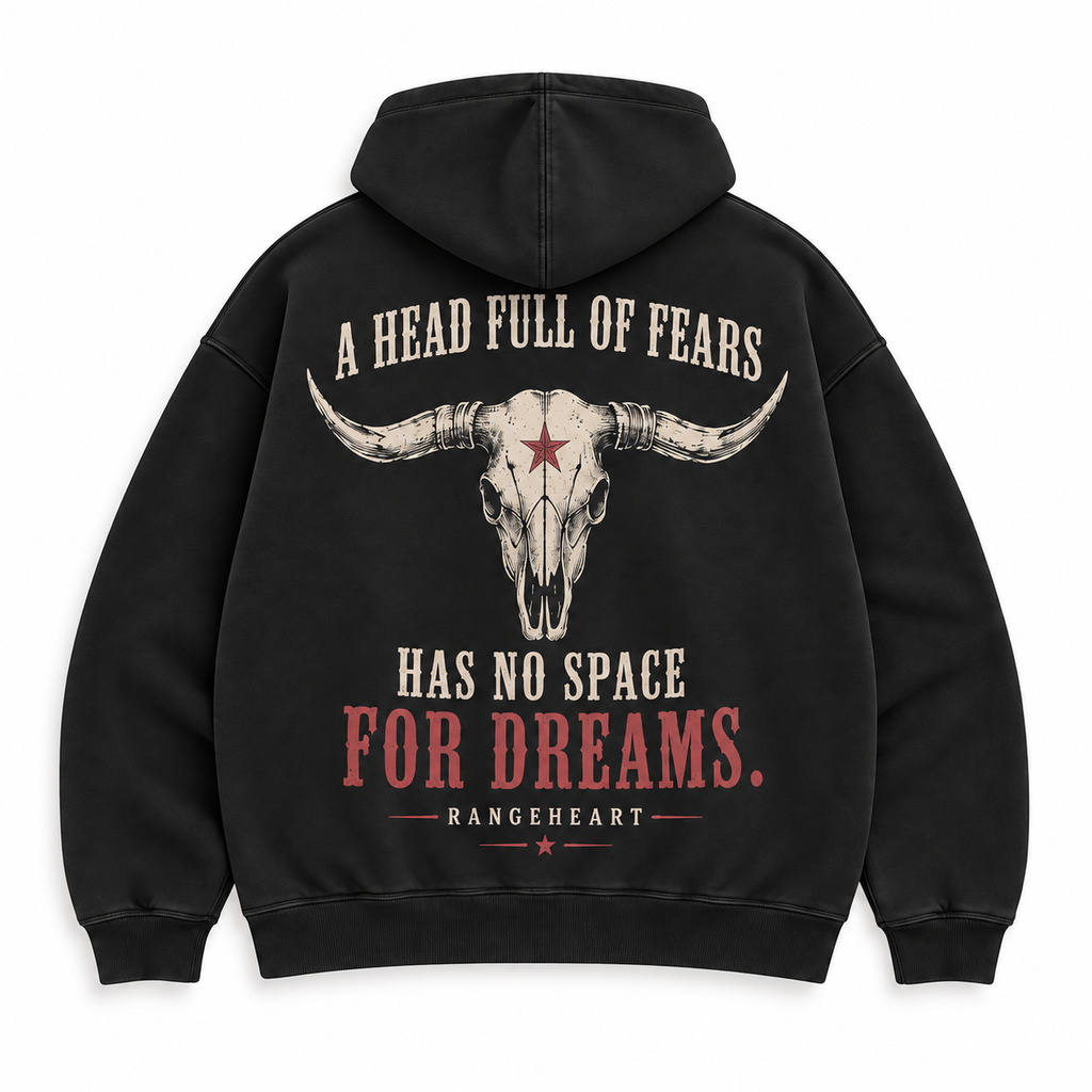 RANGEHEART Room for Dreams Boxy Hoodie in black — back artwork on white
