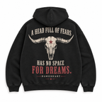 RANGEHEART Room for Dreams Boxy Hoodie in black — back artwork on white