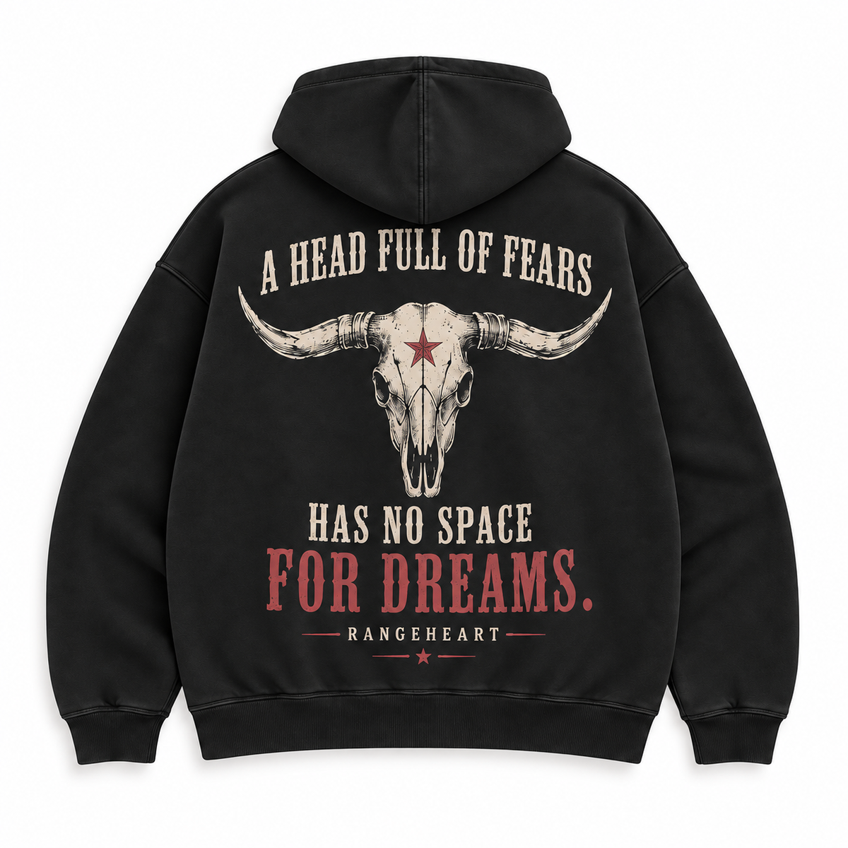 RANGEHEART Room for Dreams Boxy Hoodie in black — back artwork on white