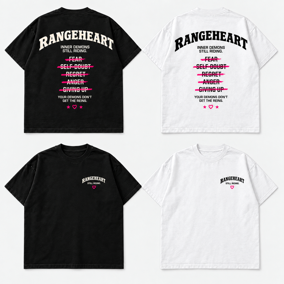 Front and back views of the Still Riding Boxy Tee in black and white