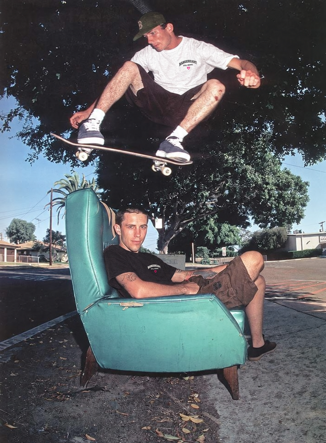 Front chest graphics of the Still Riding tees in white and black at a skate spot