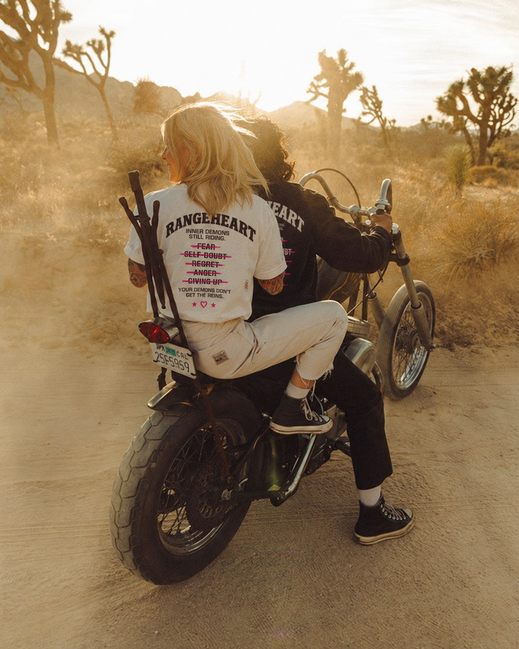 White Still Riding tee back graphic in a desert motorcycle scene