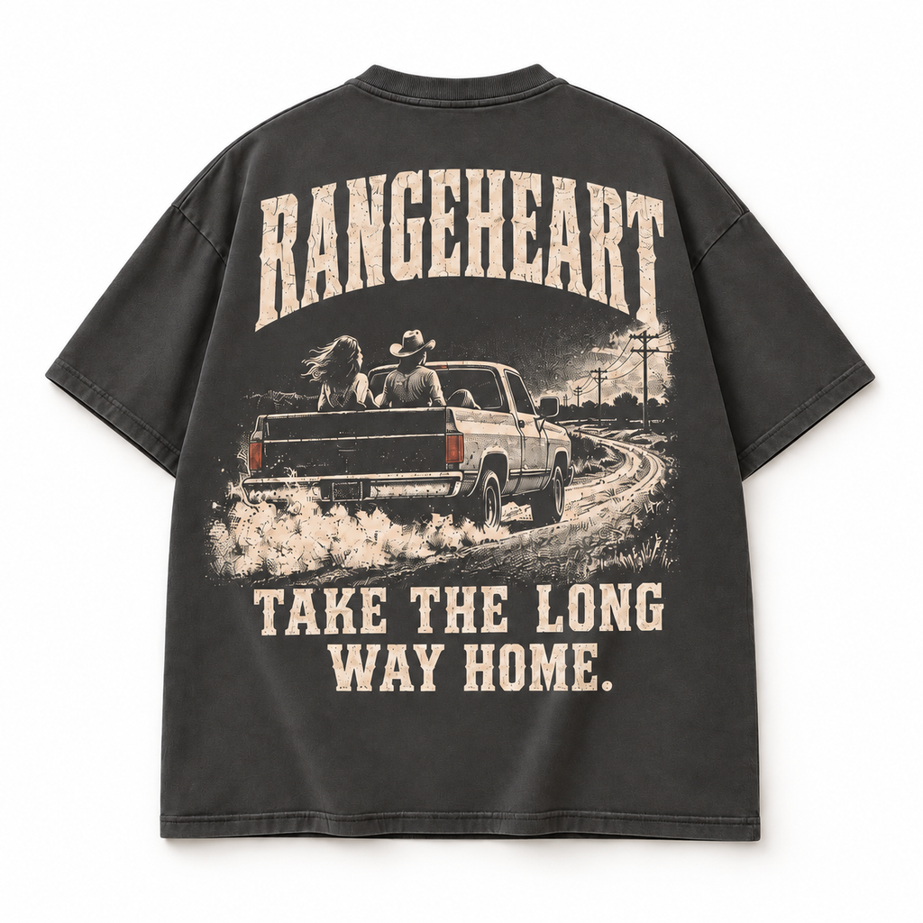 RANGEHEART The Long Way Home Boxy Tee in asphalt — back artwork on white