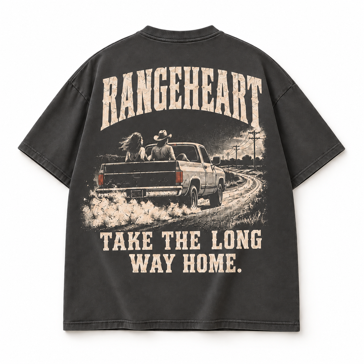 RANGEHEART The Long Way Home Boxy Tee in asphalt — back artwork on white