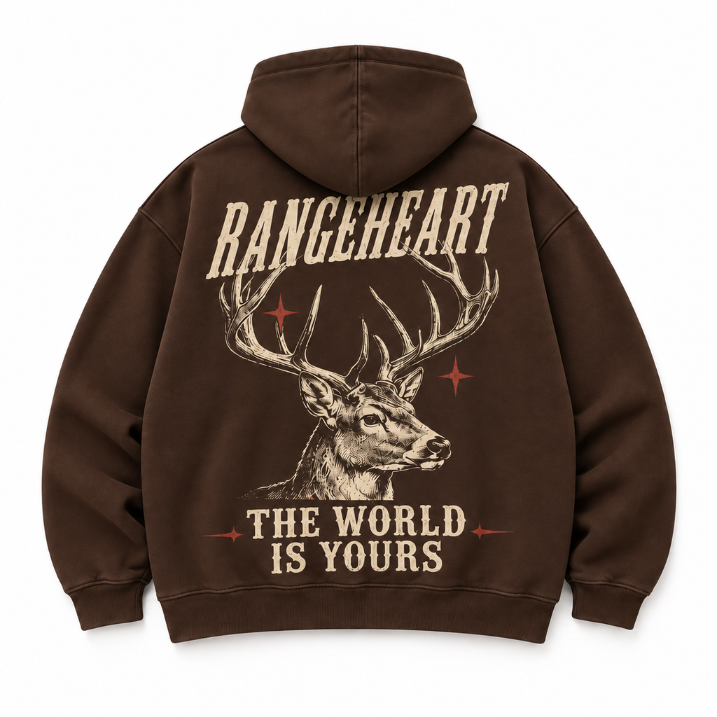 RANGEHEART The World Is Yours Boxy Hoodie in espresso — back artwork on white