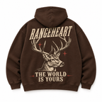 RANGEHEART The World Is Yours Boxy Hoodie in espresso — back artwork on white