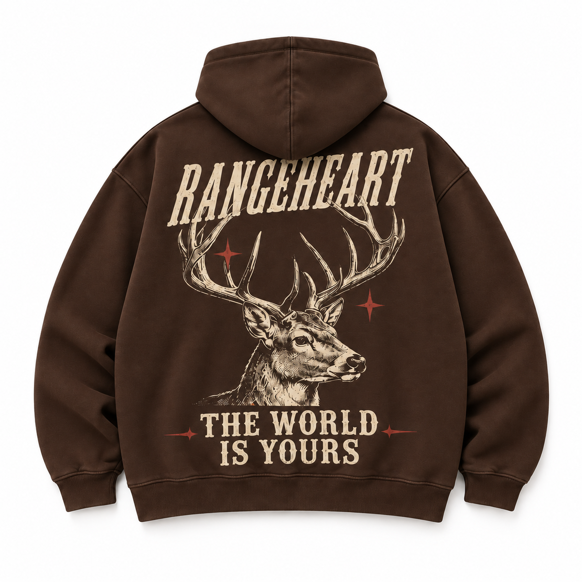 RANGEHEART The World Is Yours Boxy Hoodie in espresso — back artwork on white