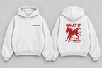 Front and back views of the white What If It All Works Out Boxy Hoodie with red graphics
