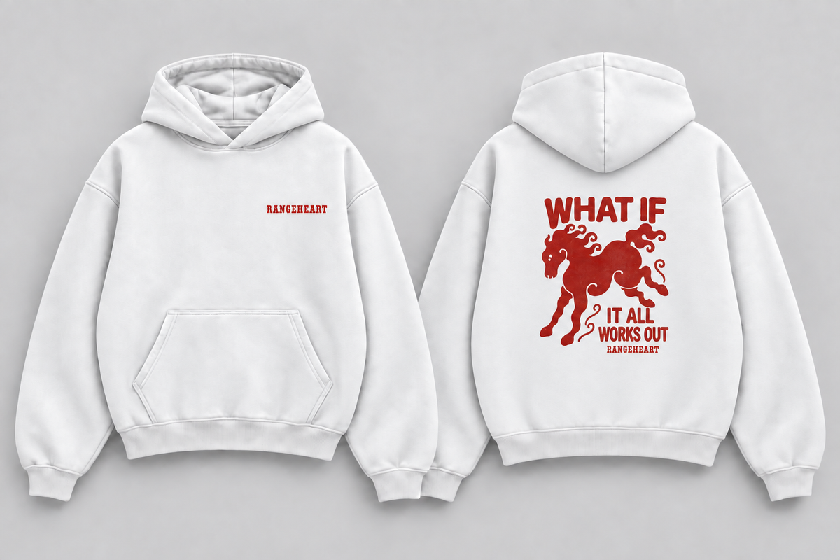 Front and back views of the white What If It All Works Out Boxy Hoodie with red graphics
