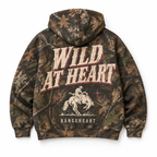 RANGEHEART Wild at Heart Boxy Hoodie in woodland camo — back artwork on white