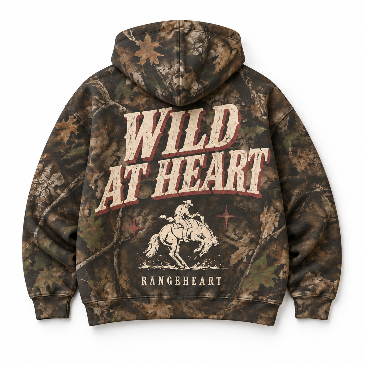 RANGEHEART Wild at Heart Boxy Hoodie in woodland camo — back artwork on white